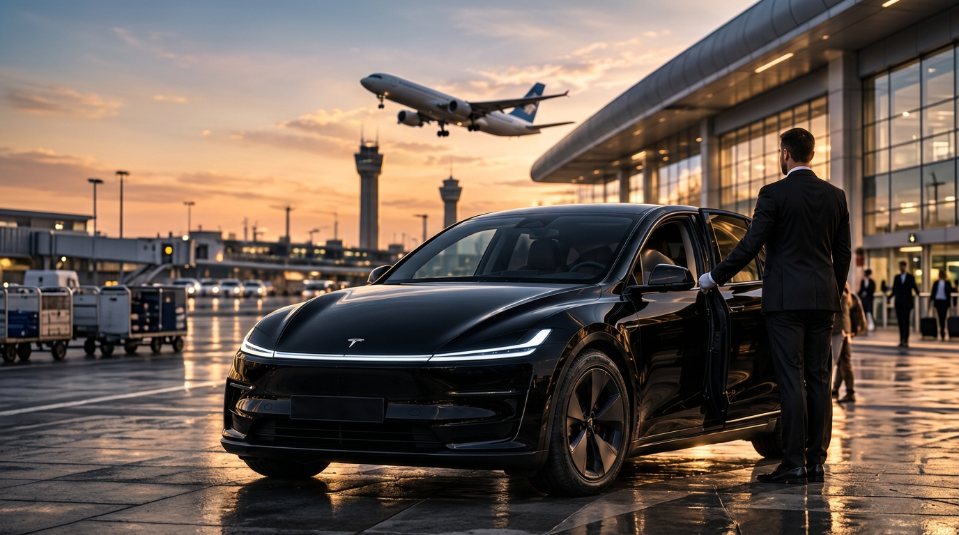 Illustration provisoire : SUV électrique noir et chauffeur de dos ouvrant la portière devant un terminal d’aéroport au coucher du soleil